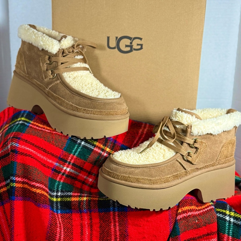 UGG Women's Brown Shearling Platform Boots  (new heights Laceup) new in box!